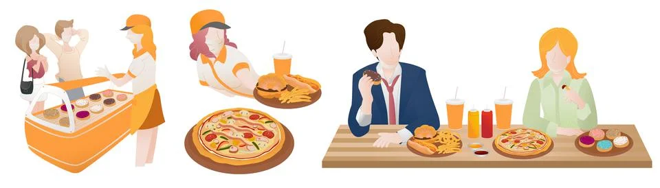 Set of people flat vector illustration. Men and women enjoy eating junkfood i Stock Illustration