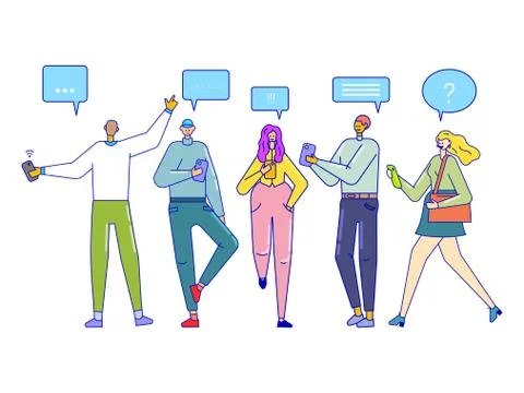 Set of people with gadgets, vector illustration. Characters male and female in イラスト素材
