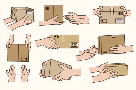 Set of people hands with cardboard post package delivery. Collection of courier Illustration
