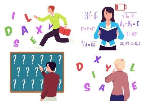 Set of people having learning difficulties flat style, vector illustration 库存插图