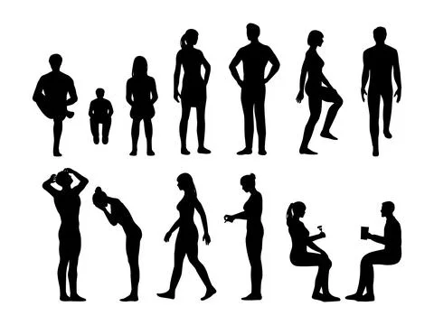 Set of people in house side view silhouettes. Stock Illustration