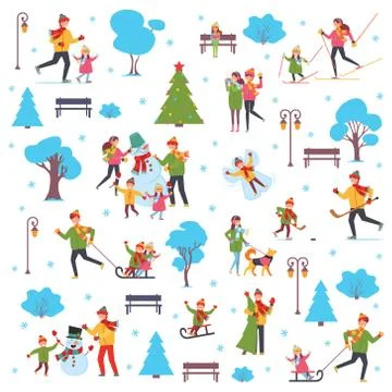 A set of people involved in the winter active lifestyle family. Vector illust Stock Illustration