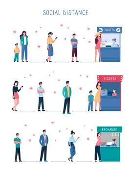 Set People keep their distance when they stand in line at the cinemas ticket Illustrazione stock