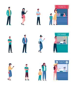 Set People keep their distance when they stand in line at the cinemas ticket Stock Illustration
