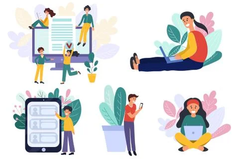 Set of people with laptop computers, tablets and mobile phones Stock Illustration