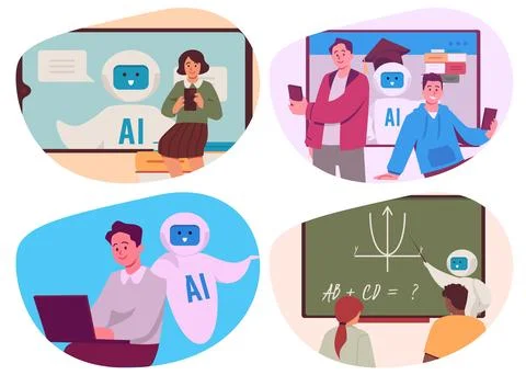 Set of people learning with AI robots flat style, vector illustration イラスト素材