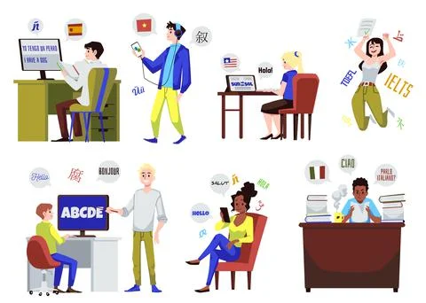 Set of people learning different languages online flat style Stock Illustration