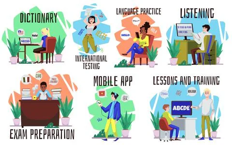 Set of people learning languages online flat style, vector illustration Stock Illustration