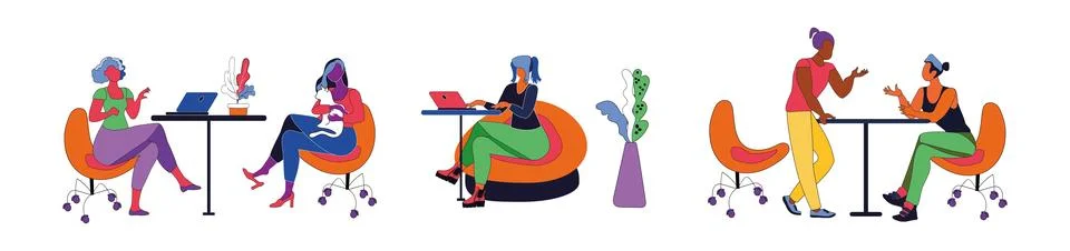 Set of people in the office, bright vector illustration, Not AI, hand drawn.. Stock Illustration