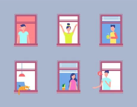 Set People Open Window. Men and Women Neighbours Ilustración de archivo