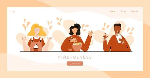 Set of people practicing mindful eating exercise. Concept illustration for me Stock Illustration