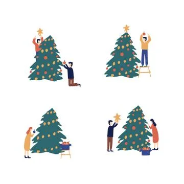 A set of people preparing for the winter holidays. Dress up the Christmas tree Stock Illustration