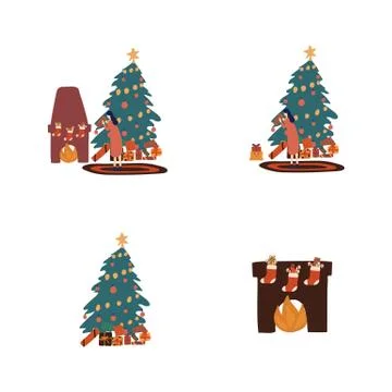 A set of people preparing for the winter holidays. Dress up the Christmas tree Stock Illustration