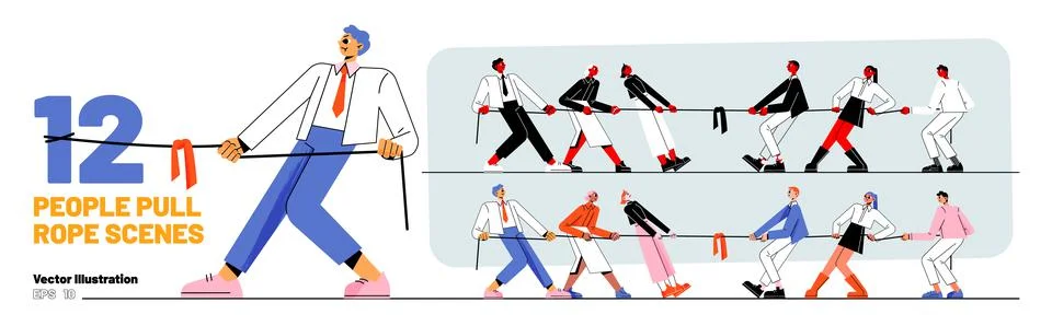 Set of people pull rope scenes, tug of war battle Stock Illustration