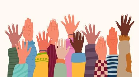 Set of people raised hands, open hands up of different types of skins, dive.. Stock Illustration