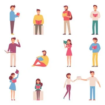 A set of people reading books. Vector illustration in simple style Stock Illustration