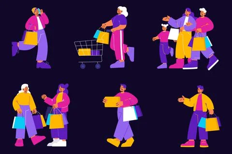 Set people in shopping mall or boutique, visitors Stock Illustration