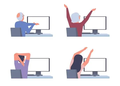 Set of people sits at table computer stretching, doing exercise back view Stock Illustration
