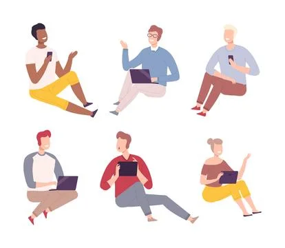 Set of people sitting on floor using digital devices. Male and female characters 库存插图