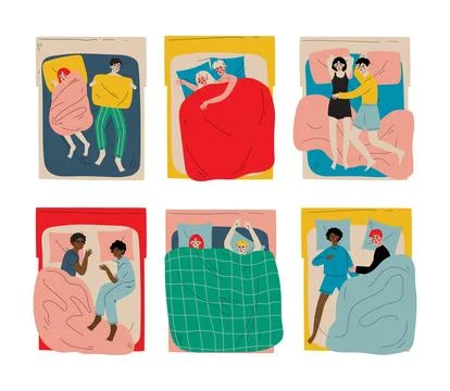 Set of people sleeping and resting in beds under blankets. View from above of Stock Illustration
