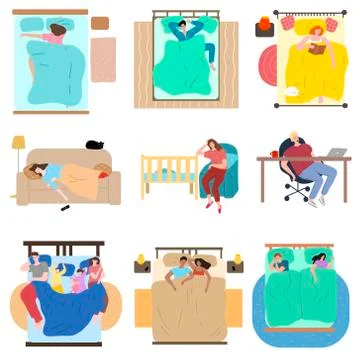 Set of people sleeping in different poses and places vector illustration Stock Illustration