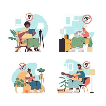 Set people spending time without gadgets digital detox offline activities Stock Illustration
