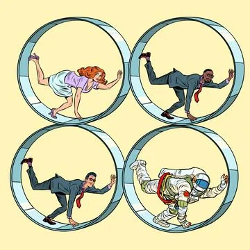 Set of people in a squirrel wheel. Routine monotonous work. A man in captivity Stock Illustration