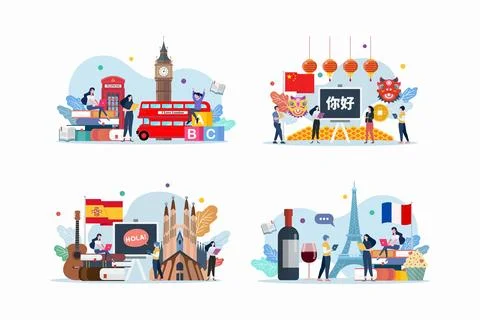 Set of people study studying foreign language. Stock Illustration