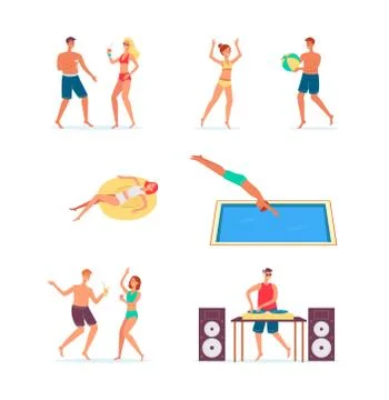 Set of people at summer pool or beach party flat vector illustration isolated. Stock Illustration