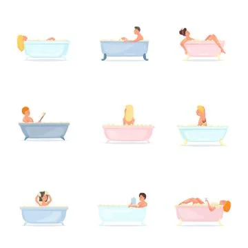 Set of people take bath in ceramic or plastic bathtub Stock Illustration