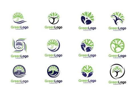 Set of People Tree Logo and Icon Template, Green logo vector Stock Illustration