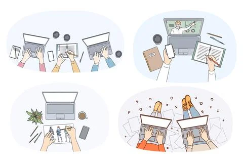 Set of people use laptops working or studying online Stock Illustration