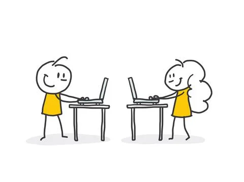 Set of people using laptops and computers. Distance working, Stock Illustration