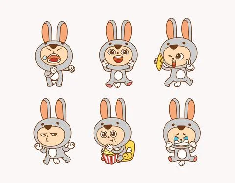 Set of people wearing cute rabbit costume with various pose and facial expres Stock Illustration