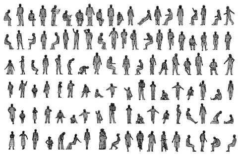 Set with people wireframe in different positions from black lines isolated on Stock Illustration