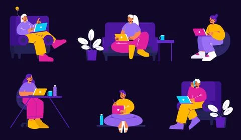 Set of people work from home with laptops, vector Illustrazione stock
