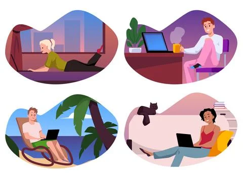 Set of people working at different locations flat style, vector illustration Illustrazione stock