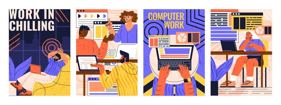 Set of people working on laptops イラスト素材