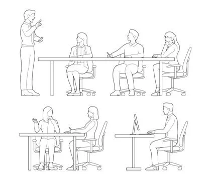 Set of people working side view drawings outline. Stock Illustration