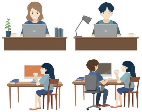 Set people working using laptop flat design Stock Illustration