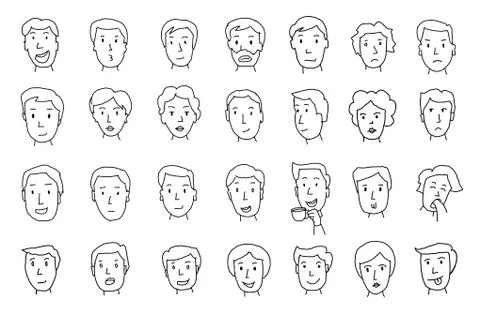 Set of peoples faces. Different emotions. Painted by hand. Lines in pencil Stock Illustration
