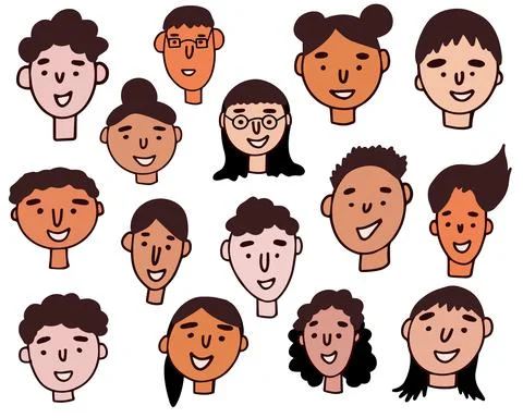Set of peoples faces. Hand-drawn graphics. Line art. Different men and women. Stock Illustration