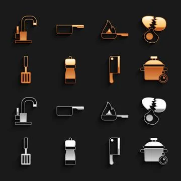Set Pepper, Broken egg, Cooking pot, Meat chopper, Barbecue spatula, Frying pan Stock Illustration