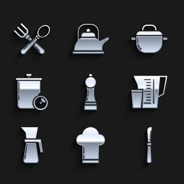 Set Pepper, Chef hat, Knife, Measuring cup, Cooking pot and kitchen timer, and Stock Illustration