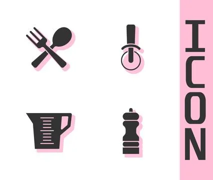 Set Pepper, Crossed fork and spoon, Measuring cup and Pizza knife icon. Vecto Stock Illustration