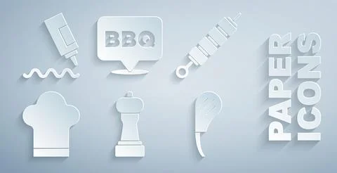 Set Pepper, Grilled shish kebab, Chef hat, Rib eye steak, Barbecue and Sauce Stock Illustration