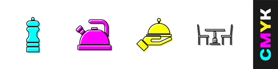 Set Pepper, Kettle with handle, Covered tray and Wooden table chair icon. Vector Illustrazione stock