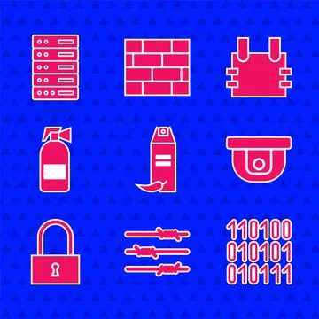 Set Pepper spray, Barbed wire, Binary code, Motion sensor, Lock, Fire Stock Illustration