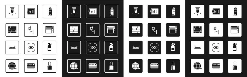 Set Pepper spray, Security camera, Bricks, Motion sensor, Website template, S Stock Illustration