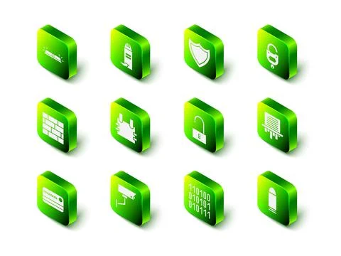 Set Pepper spray, Shield, Lock and key, Paper shredder, Bullet, Open padlock Stockillustratie